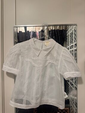 Maeve White Sheer Scalloped Bib Blouse